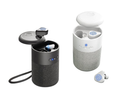Pro Pair earbuds placed inside speaker charging case