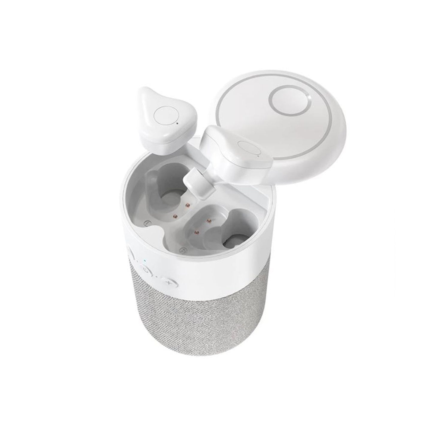 Pro Pair earbuds and speaker - side angle