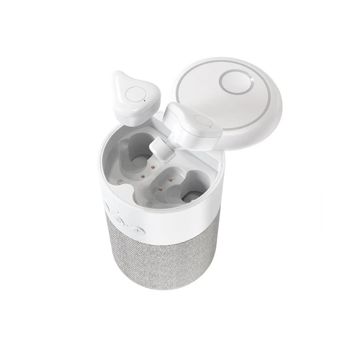 Pro Pair earbuds and speaker - side angle