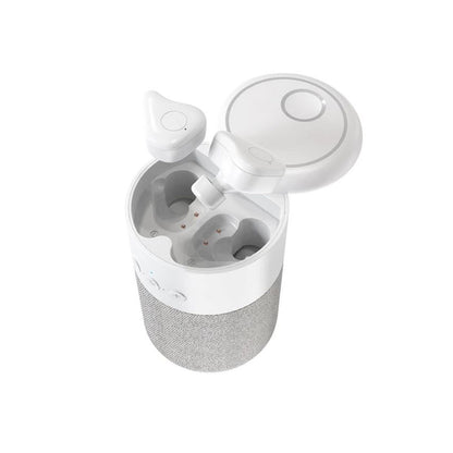 Pro Pair earbuds and speaker - side angle