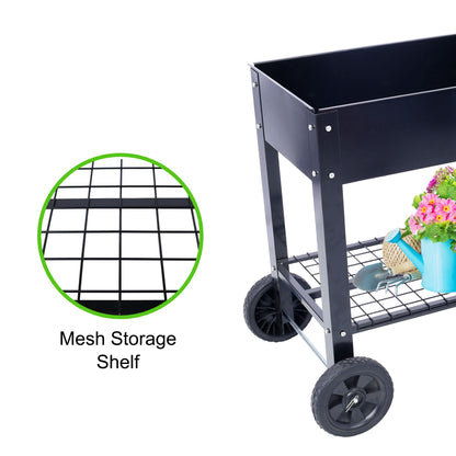 Products Elevated Mobile Raised Ergonomic Metal Planter Garden Bed for Backyard, Patio w/Wheels, Lower Shelf, black image 14