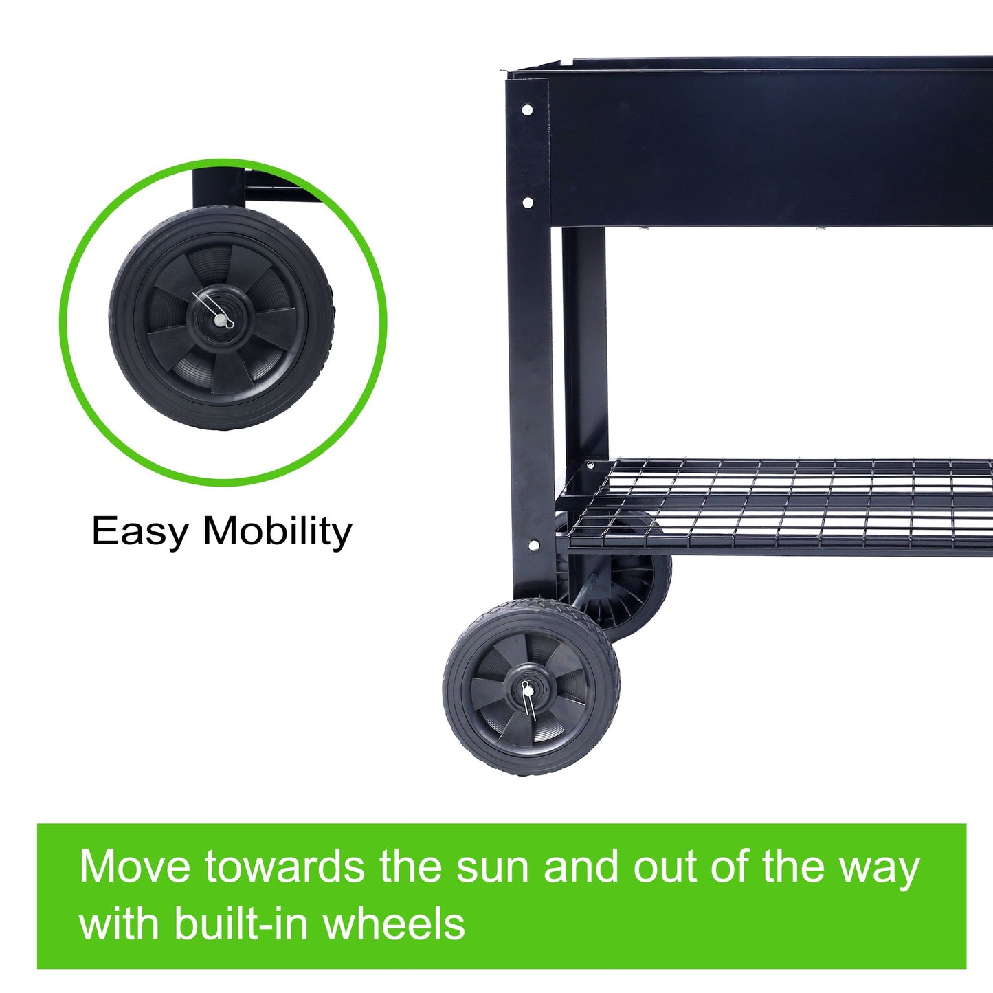 Products Elevated Mobile Raised Ergonomic Metal Planter Garden Bed for Backyard, Patio w/Wheels, Lower Shelf, black image 15