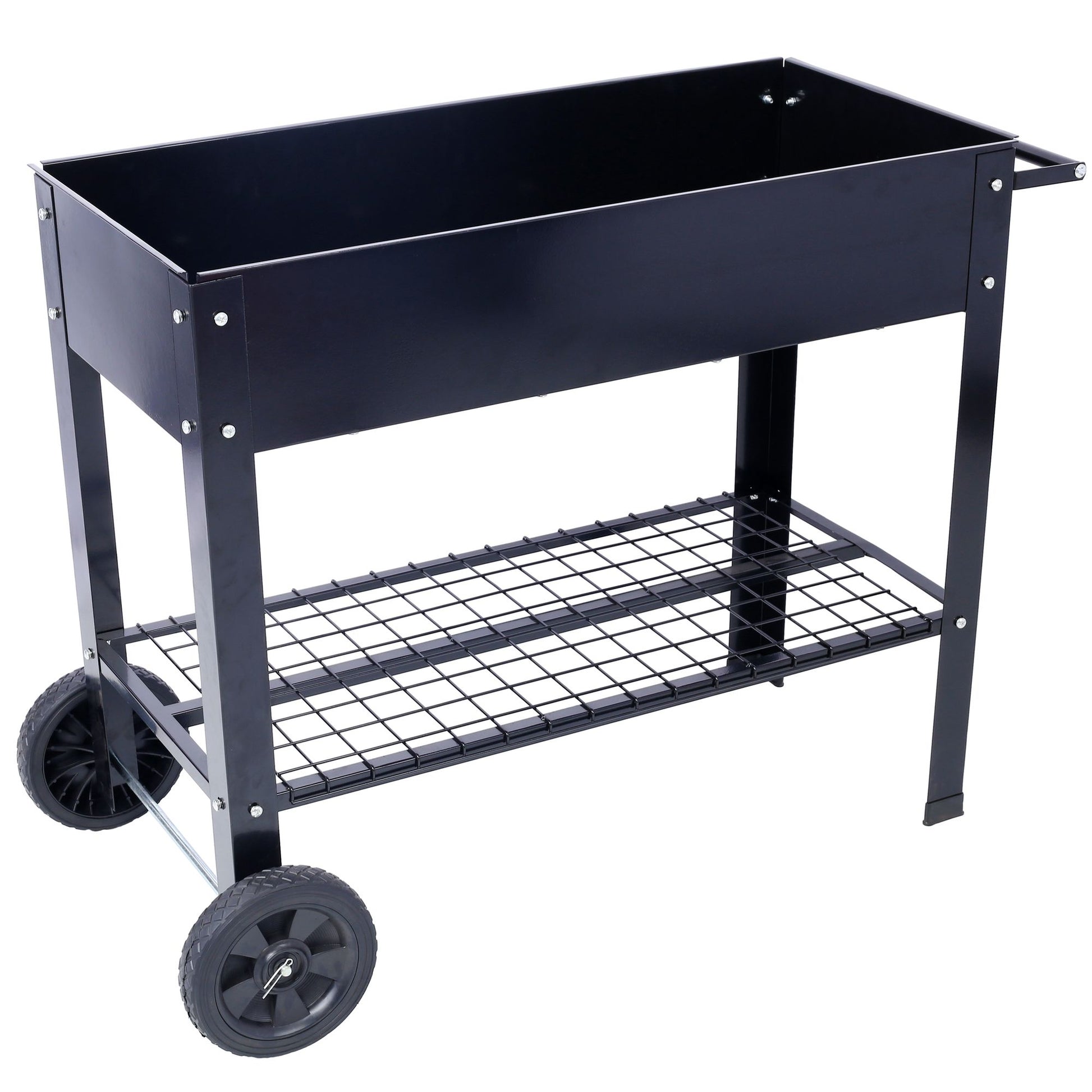 Products Elevated Mobile Raised Ergonomic Metal Planter Garden Bed for Backyard, Patio w/Wheels, Lower Shelf, black image 1