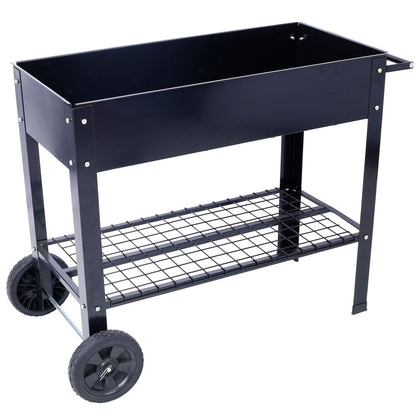 Products Elevated Mobile Raised Ergonomic Metal Planter Garden Bed for Backyard, Patio w/Wheels, Lower Shelf, black image 1