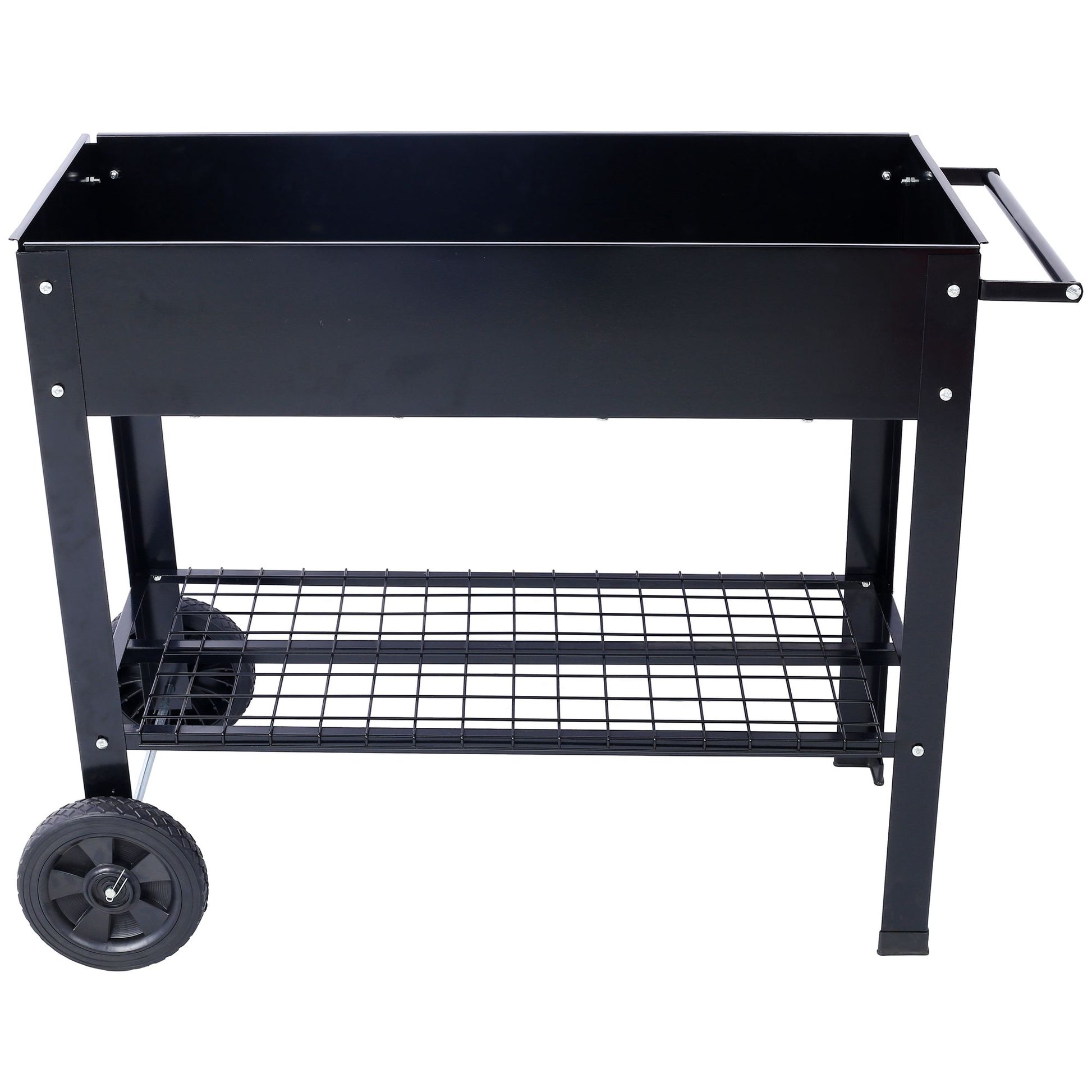 Products Elevated Mobile Raised Ergonomic Metal Planter Garden Bed for Backyard, Patio w/Wheels, Lower Shelf, black image 6