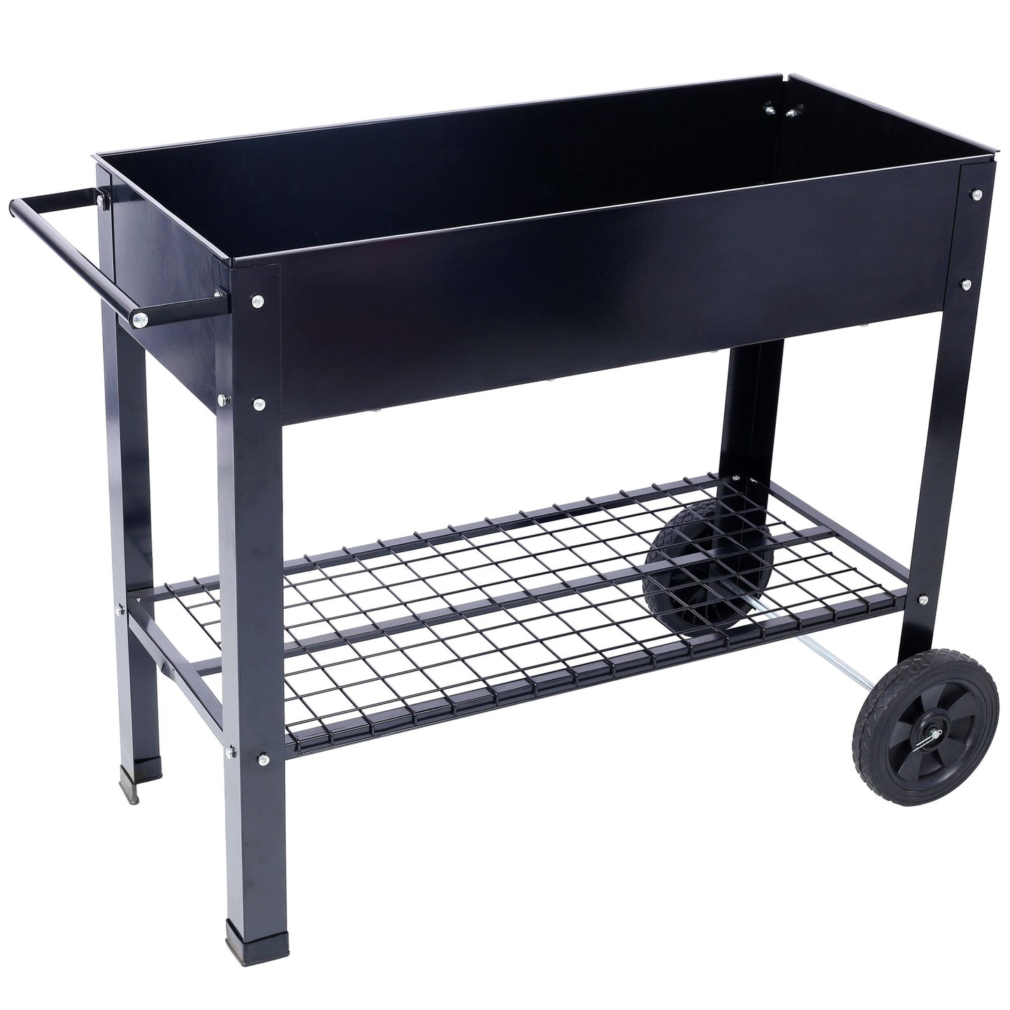 Products Elevated Mobile Raised Ergonomic Metal Planter Garden Bed for Backyard, Patio w/Wheels, Lower Shelf, black image 5
