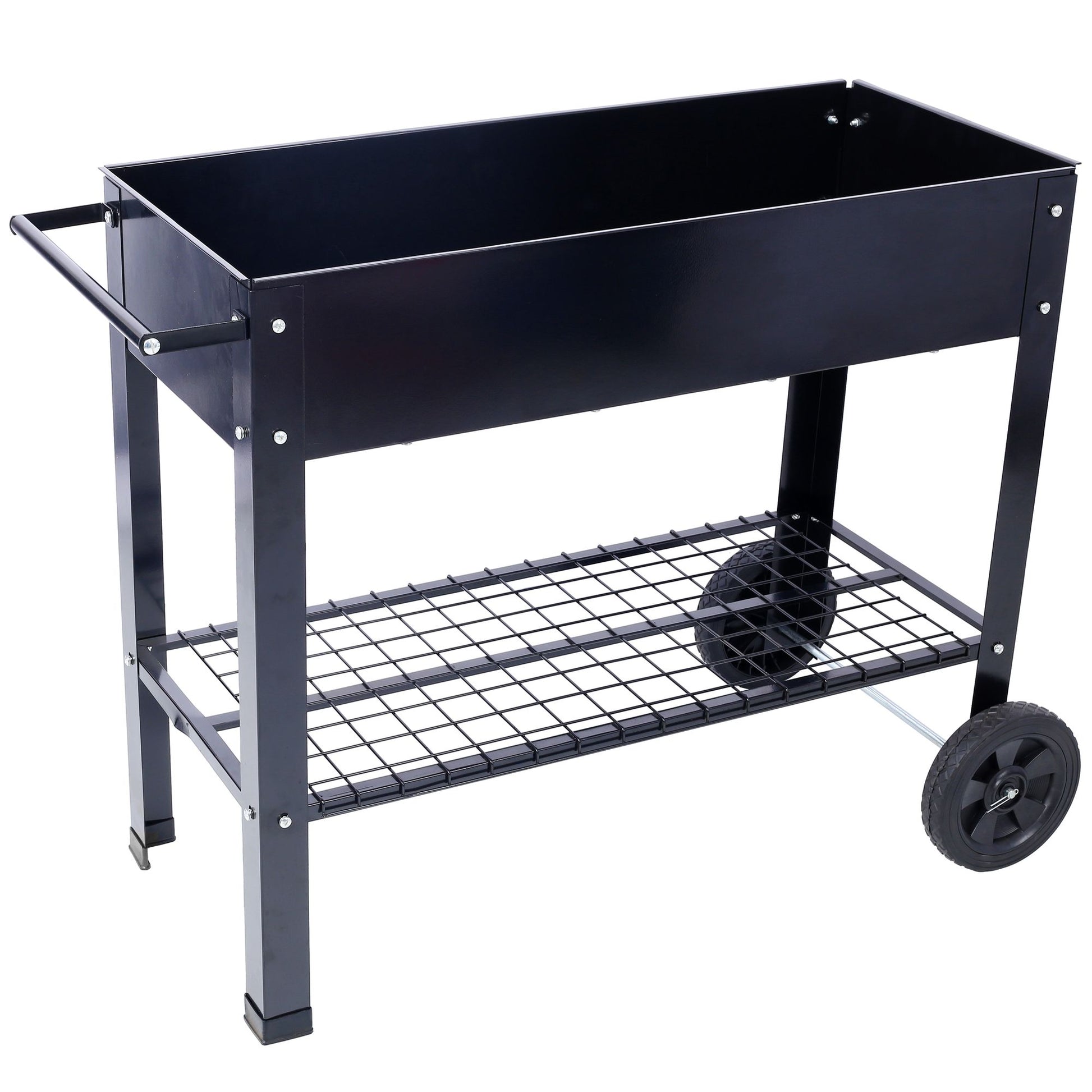 Products Elevated Mobile Raised Ergonomic Metal Planter Garden Bed for Backyard, Patio w/Wheels, Lower Shelf, black image 5