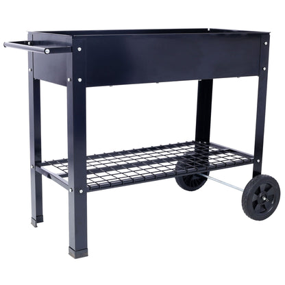 Products Elevated Mobile Raised Ergonomic Metal Planter Garden Bed for Backyard, Patio w/Wheels, Lower Shelf, black image 4