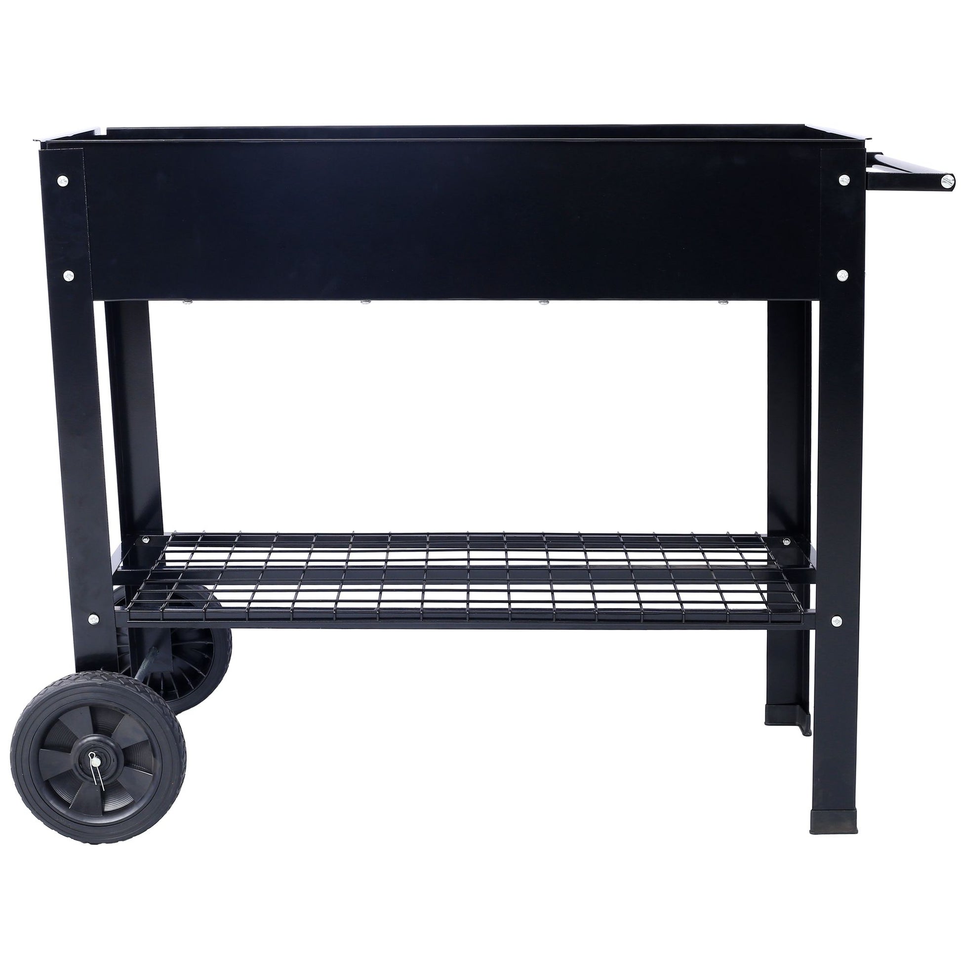 Products Elevated Mobile Raised Ergonomic Metal Planter Garden Bed for Backyard, Patio w/Wheels, Lower Shelf, black image 3