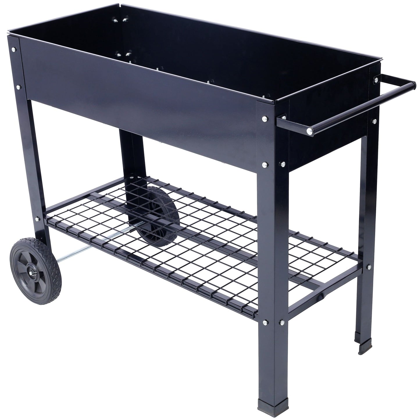 Products Elevated Mobile Raised Ergonomic Metal Planter Garden Bed for Backyard, Patio w/Wheels, Lower Shelf, black image 2