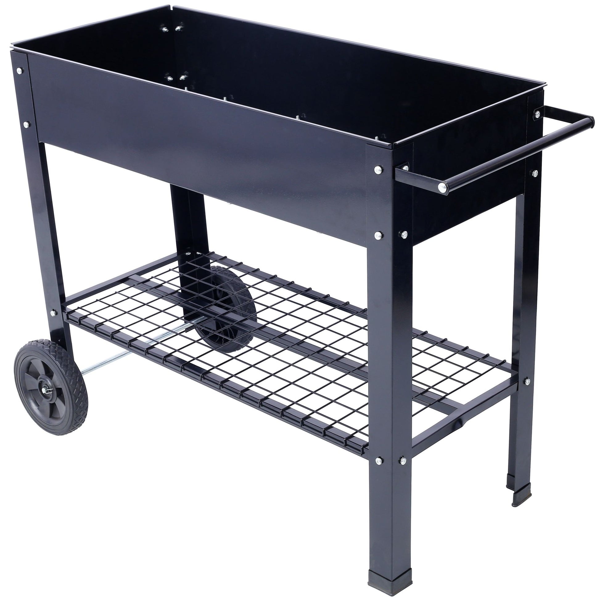 Products Elevated Mobile Raised Ergonomic Metal Planter Garden Bed for Backyard, Patio w/Wheels, Lower Shelf, black image 2