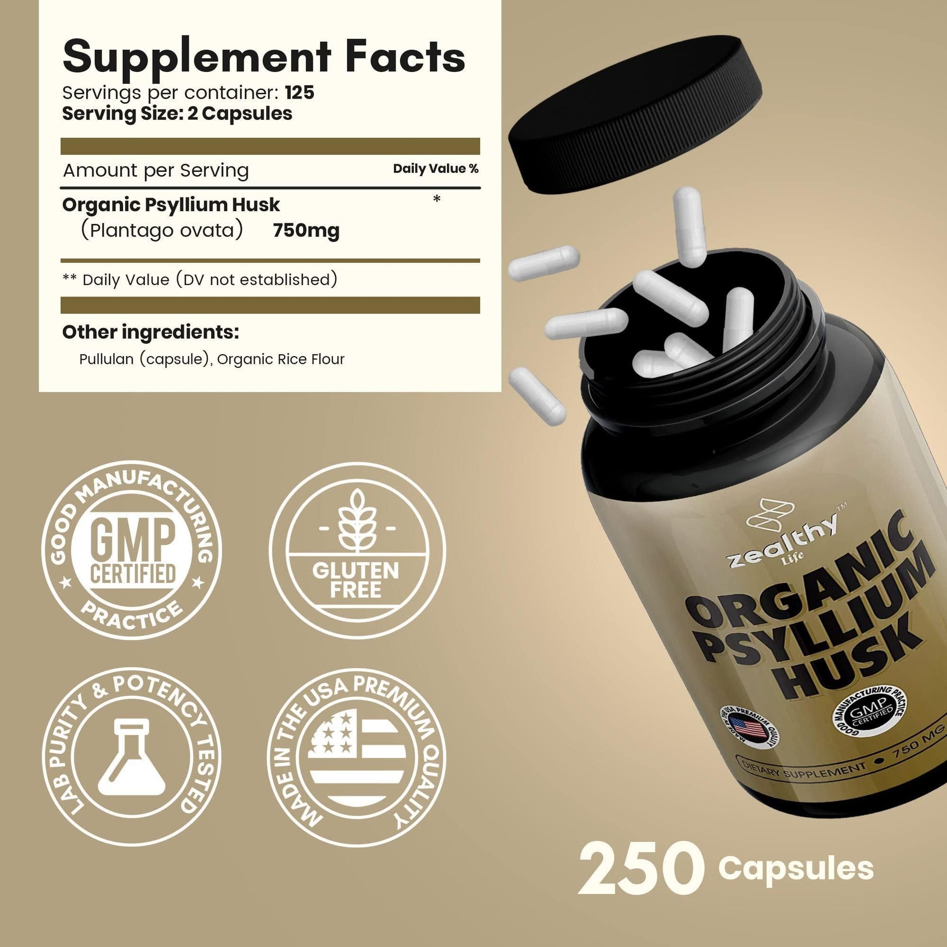 Psyllium Husk Capsules All Natural Fiber Supplement for Gut Health 750 Mg 250 Capsules image 6