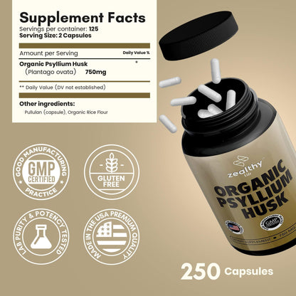 Psyllium Husk Capsules All Natural Fiber Supplement for Gut Health 750 Mg 250 Capsules image 6