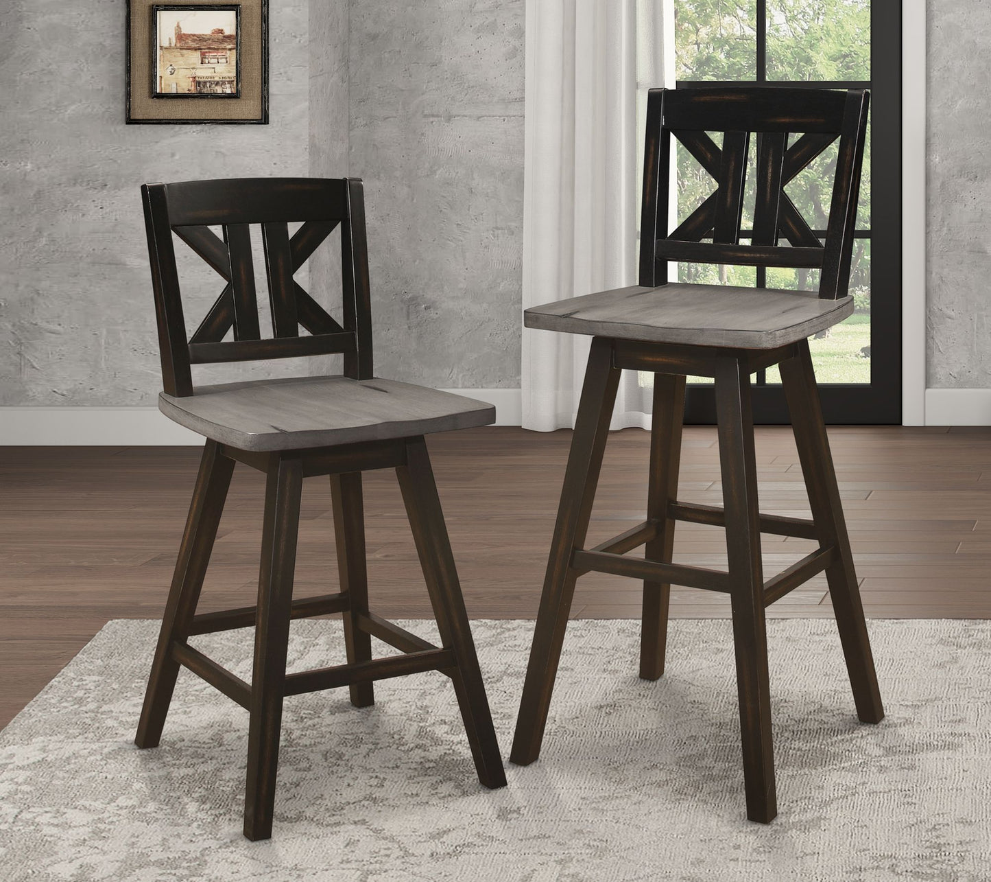 Pub Height Chairs Set of 2, Distressed Gray and Black 360-degree Swivel Chair Solid Rubberwood Furniture, Divided X-Back image 5