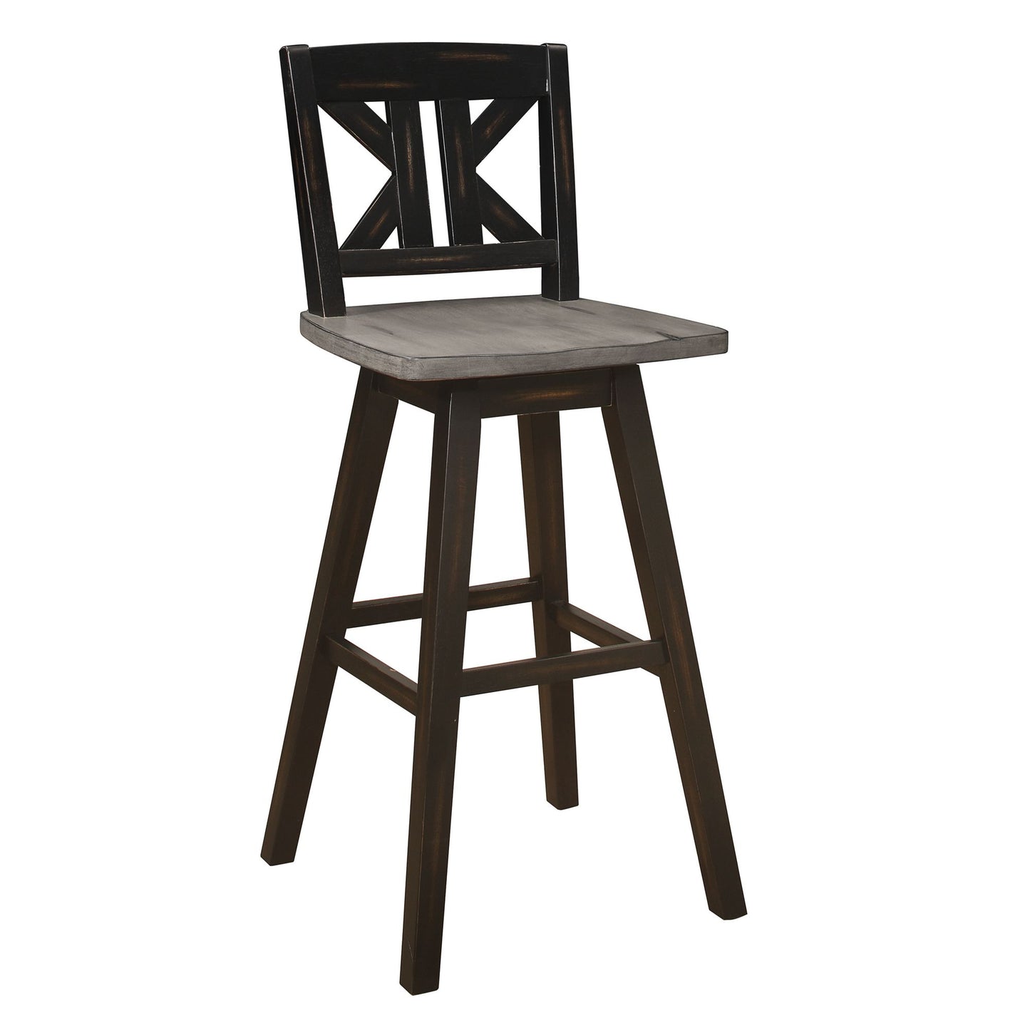 Pub Height Chairs Set of 2, Distressed Gray and Black 360-degree Swivel Chair Solid Rubberwood Furniture, Divided X-Back image 1