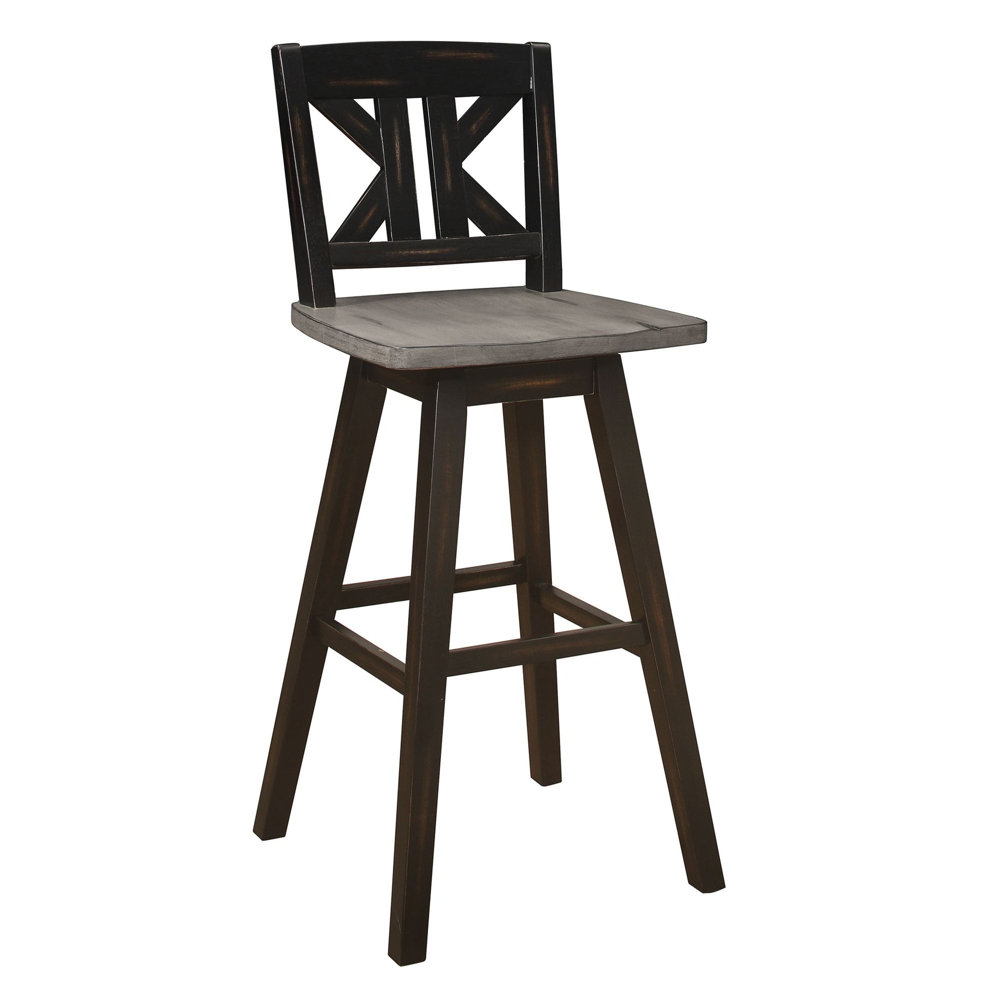 Pub Height Chairs Set of 2, Distressed Gray and Black 360-degree Swivel Chair Solid Rubberwood Furniture, Divided X-Back image 1