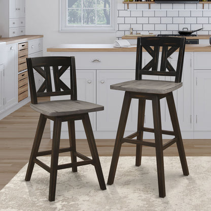 Pub Height Chairs Set of 2, Distressed Gray and Black 360-degree Swivel Chair Solid Rubberwood Furniture, Divided X-Back image 6