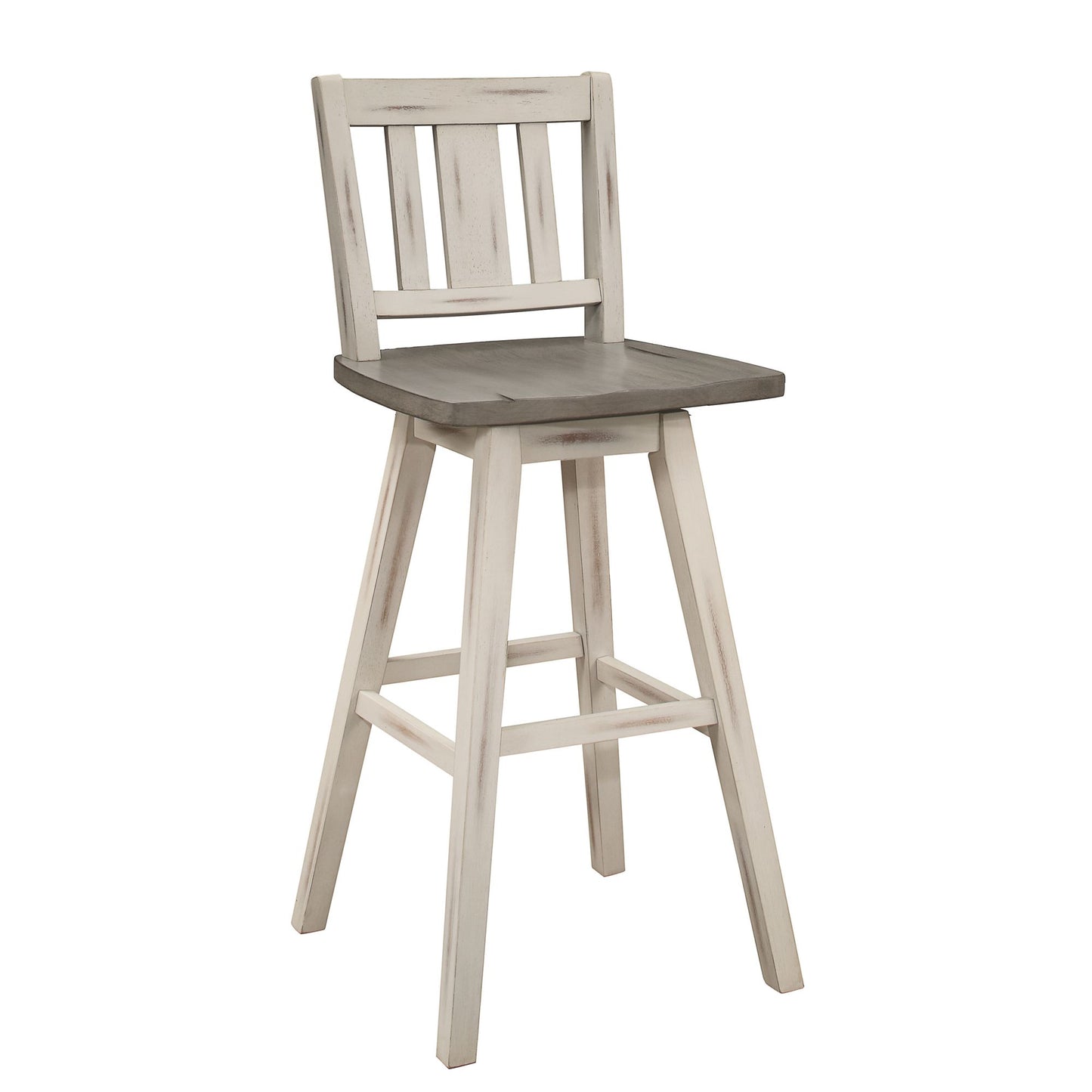 Pub Height Chairs Set of 2, Distressed Gray and White 360-degree Swivel Chair Solid Rubberwood Furniture, Vertical Slat  image 1