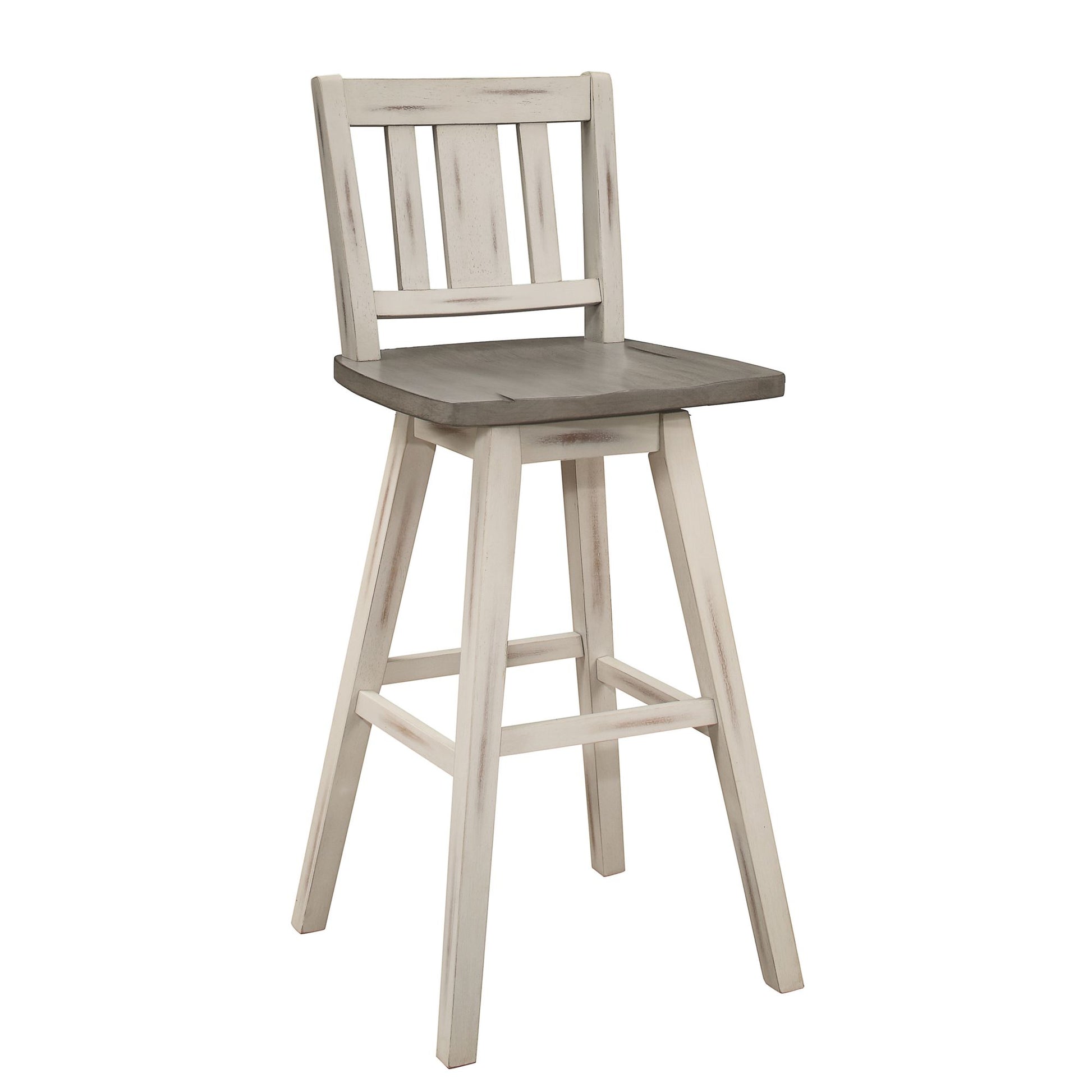 Pub Height Chairs Set of 2, Distressed Gray and White 360-degree Swivel Chair Solid Rubberwood Furniture, Vertical Slat  image 1