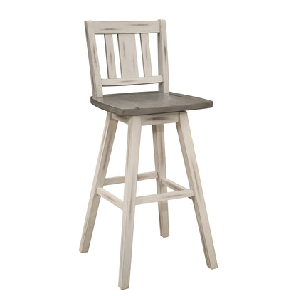 Pub Height Chairs Set of 2, Distressed Gray and White 360-degree Swivel Chair Solid Rubberwood Furniture, Vertical Slat  image 1