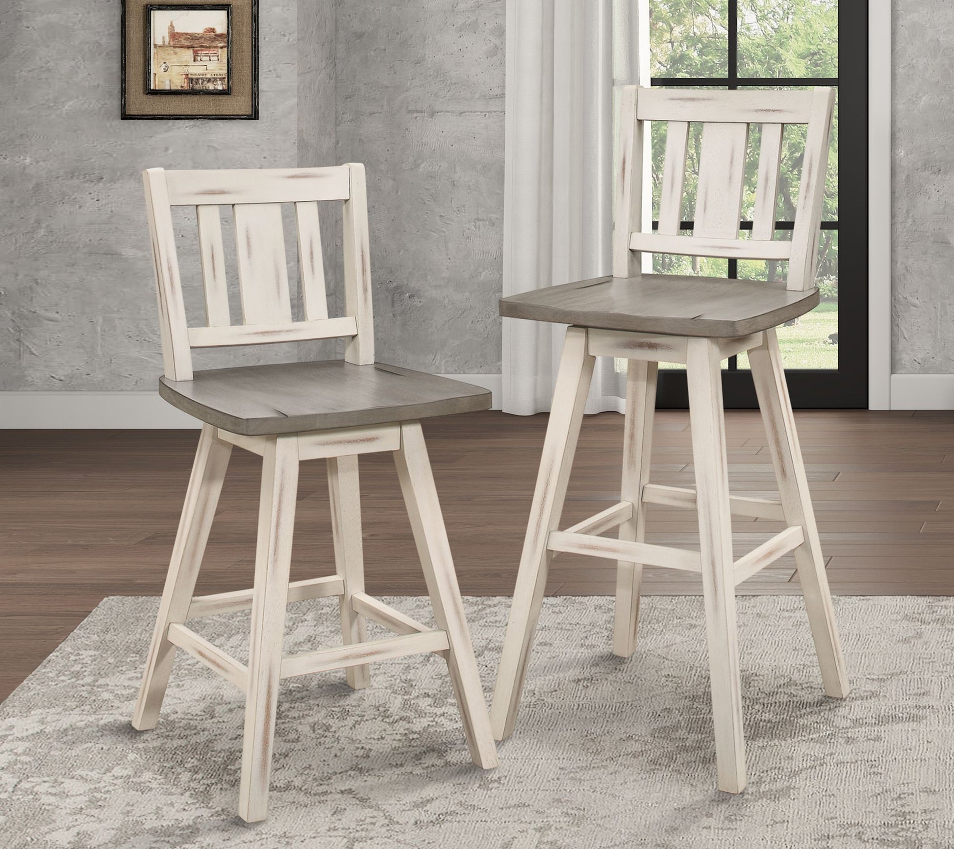 Pub Height Chairs Set of 2, Distressed Gray and White 360-degree Swivel Chair Solid Rubberwood Furniture, Vertical Slat  image 5