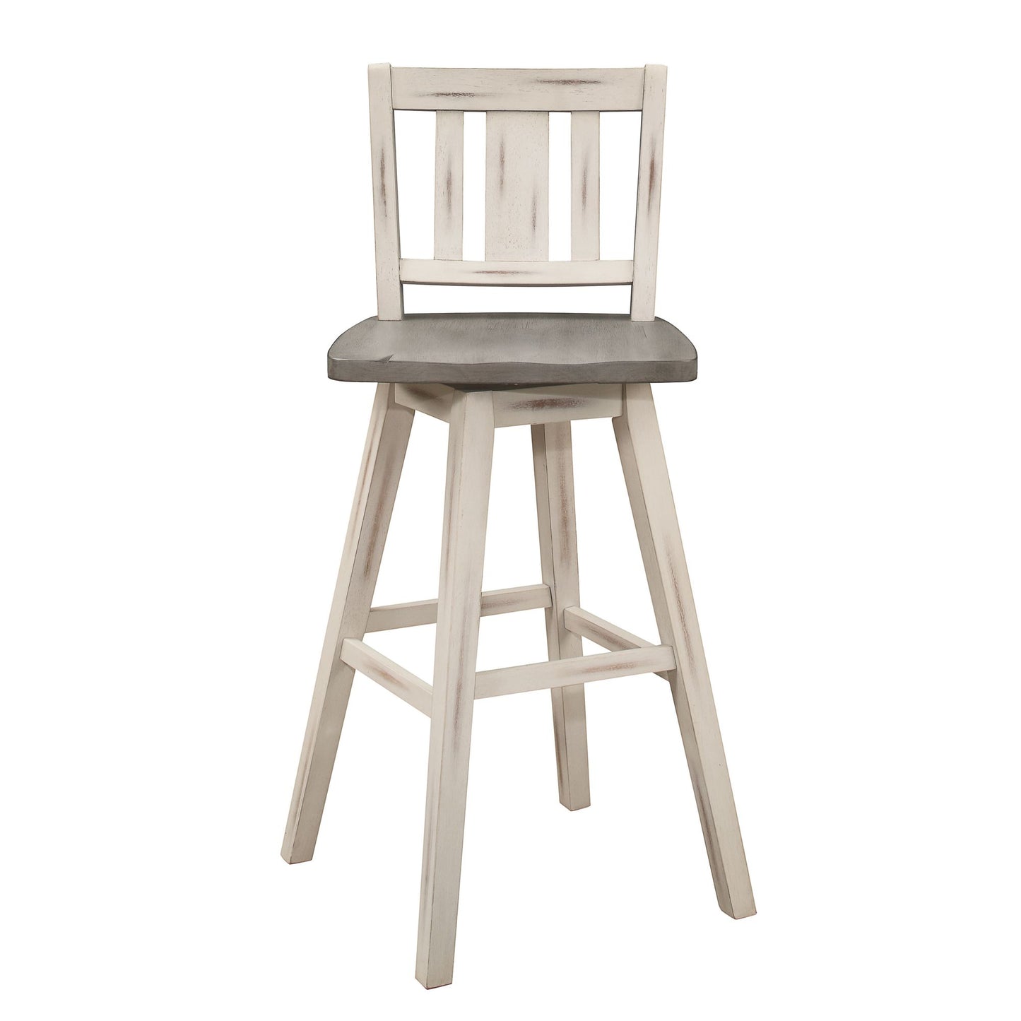 Pub Height Chairs Set of 2, Distressed Gray and White 360-degree Swivel Chair Solid Rubberwood Furniture, Vertical Slat  image 4