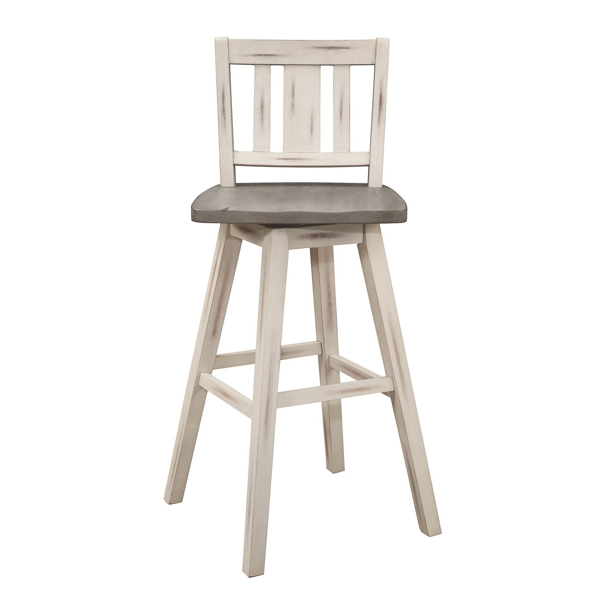 Pub Height Chairs Set of 2, Distressed Gray and White 360-degree Swivel Chair Solid Rubberwood Furniture, Vertical Slat  image 4