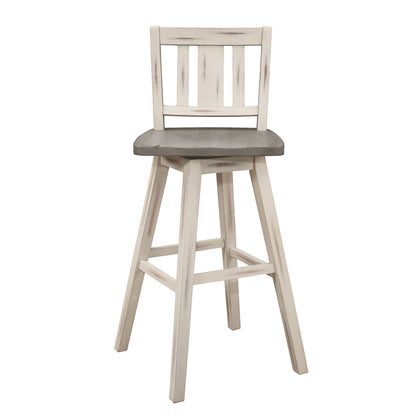 Pub Height Chairs Set of 2, Distressed Gray and White 360-degree Swivel Chair Solid Rubberwood Furniture, Vertical Slat  image 4