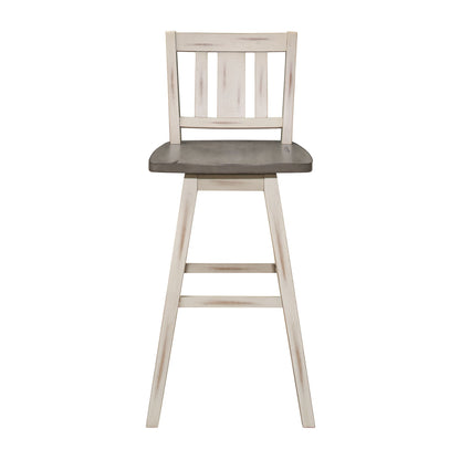 Pub Height Chairs Set of 2, Distressed Gray and White 360-degree Swivel Chair Solid Rubberwood Furniture, Vertical Slat  image 2