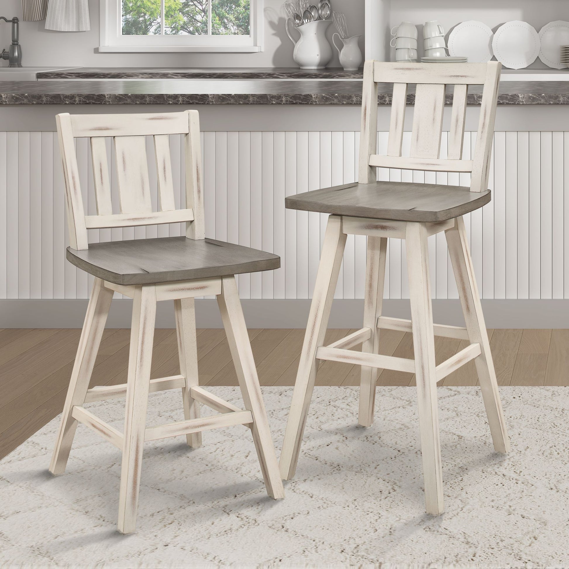 Pub Height Chairs Set of 2, Distressed Gray and White 360-degree Swivel Chair Solid Rubberwood Furniture, Vertical Slat  image 6