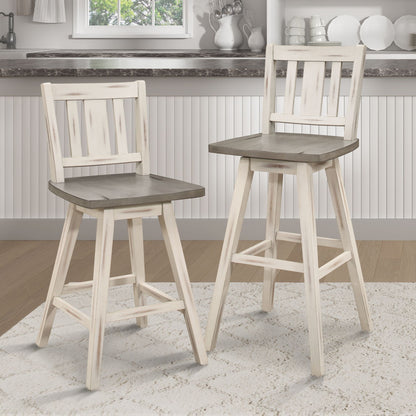 Pub Height Chairs Set of 2, Distressed Gray and White 360-degree Swivel Chair Solid Rubberwood Furniture, Vertical Slat  image 6