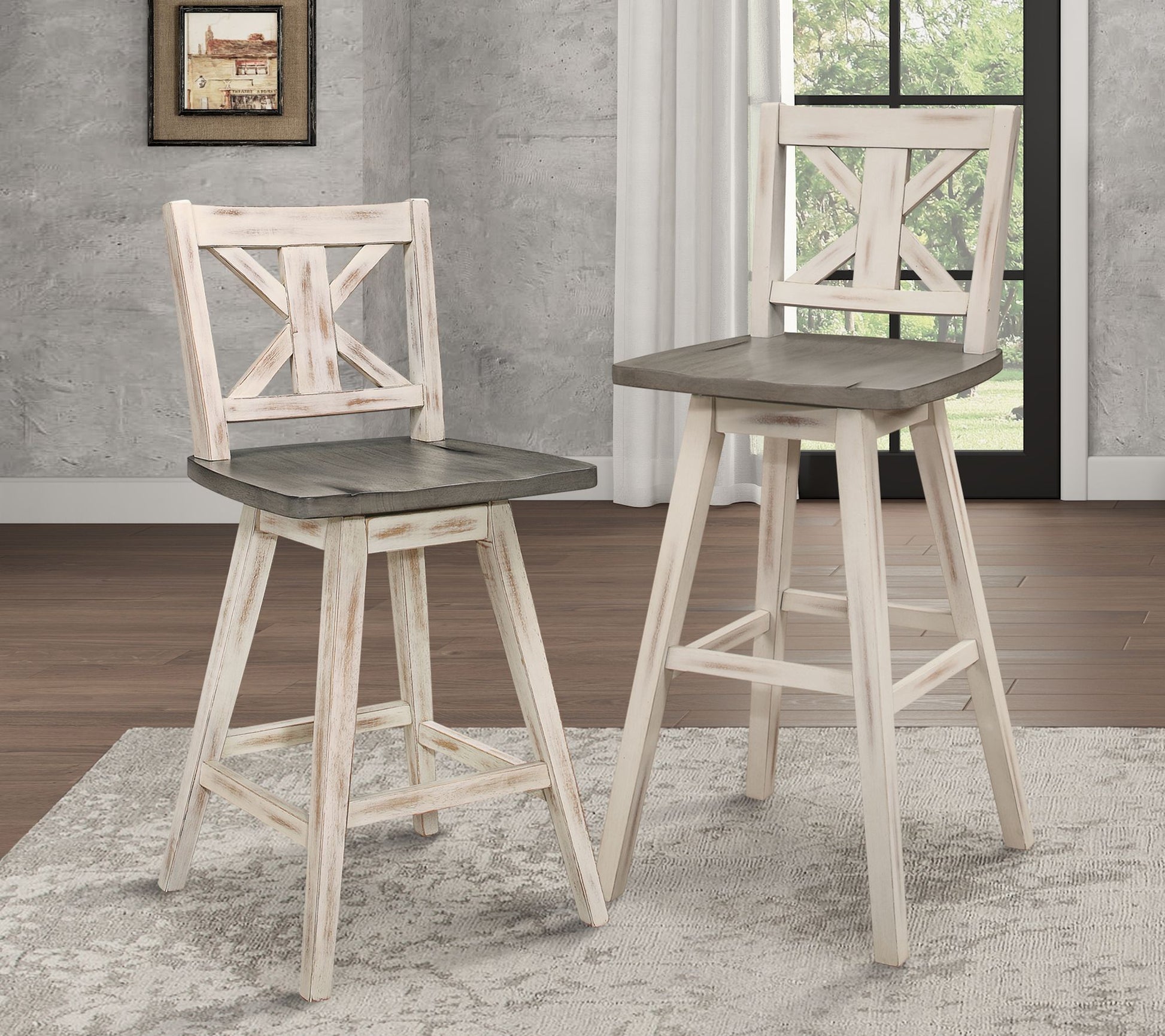 Pub Height Chairs Set of 2, Distressed Gray and White 360-degree Swivel Chair Solid Rubberwood Furniture, X-Back Bar Cha image 6