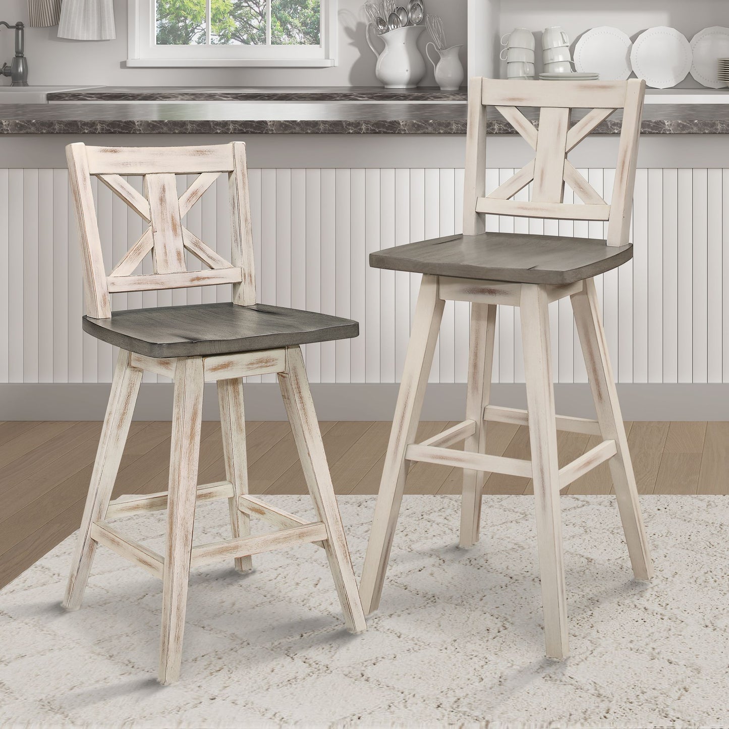 Pub Height Chairs Set of 2, Distressed Gray and White 360-degree Swivel Chair Solid Rubberwood Furniture, X-Back Bar Cha image 5