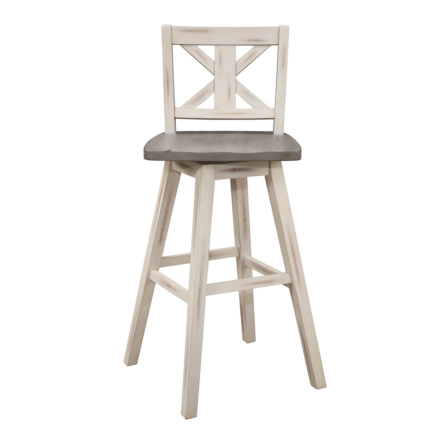 Pub Height Chairs Set of 2, Distressed Gray and White 360-degree Swivel Chair Solid Rubberwood Furniture, X-Back Bar Cha image 4