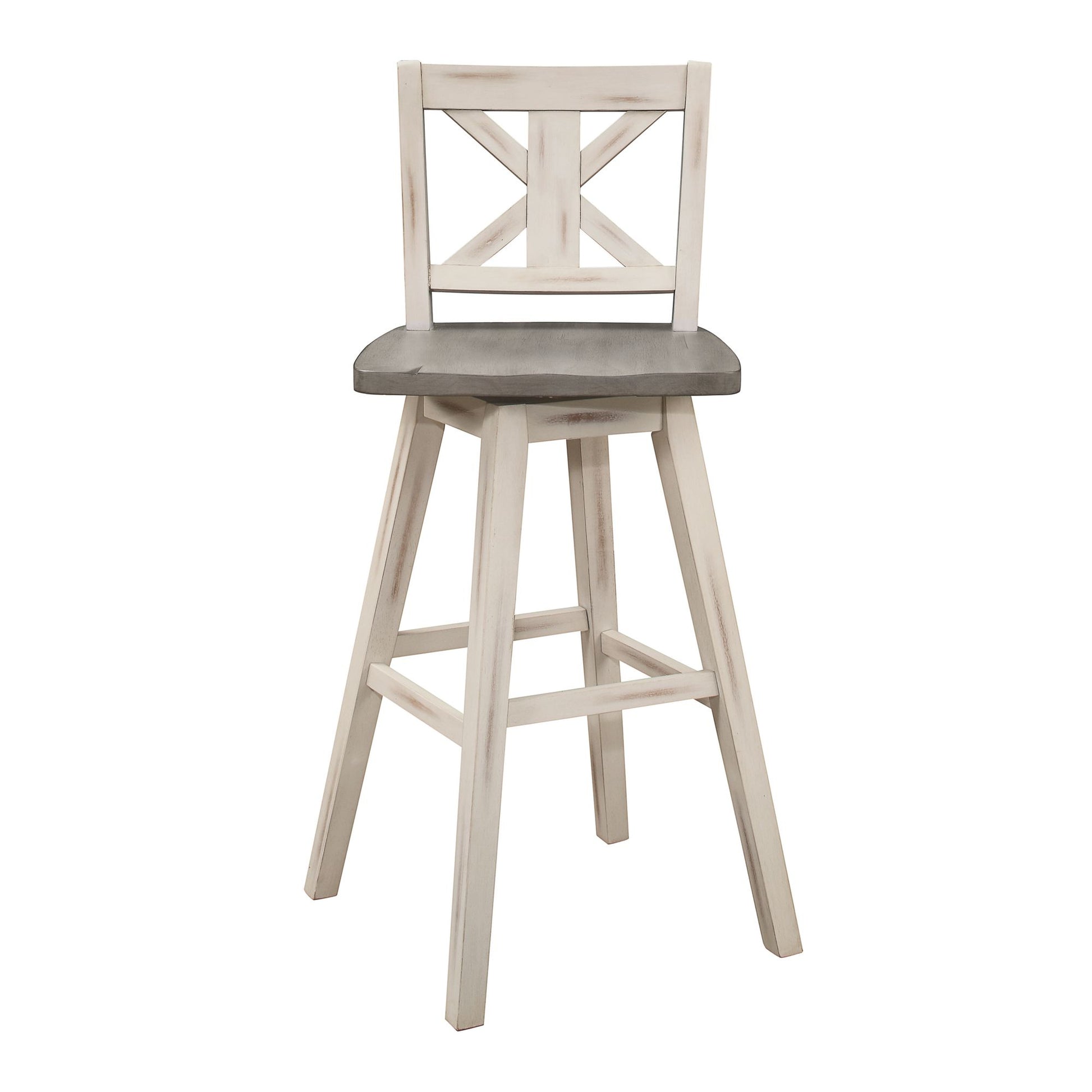 Pub Height Chairs Set of 2, Distressed Gray and White 360-degree Swivel Chair Solid Rubberwood Furniture, X-Back Bar Cha image 4