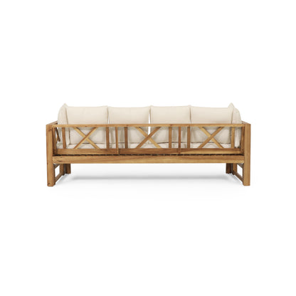 Outdoor Extendable Acacia Wood 3 Seater Sofa, Upholstered Cushion Couch, Daybed Sofa Chair, Spacious Seating Lounge Chair, Patio Daybed Sofa for Garden Yard image 11
