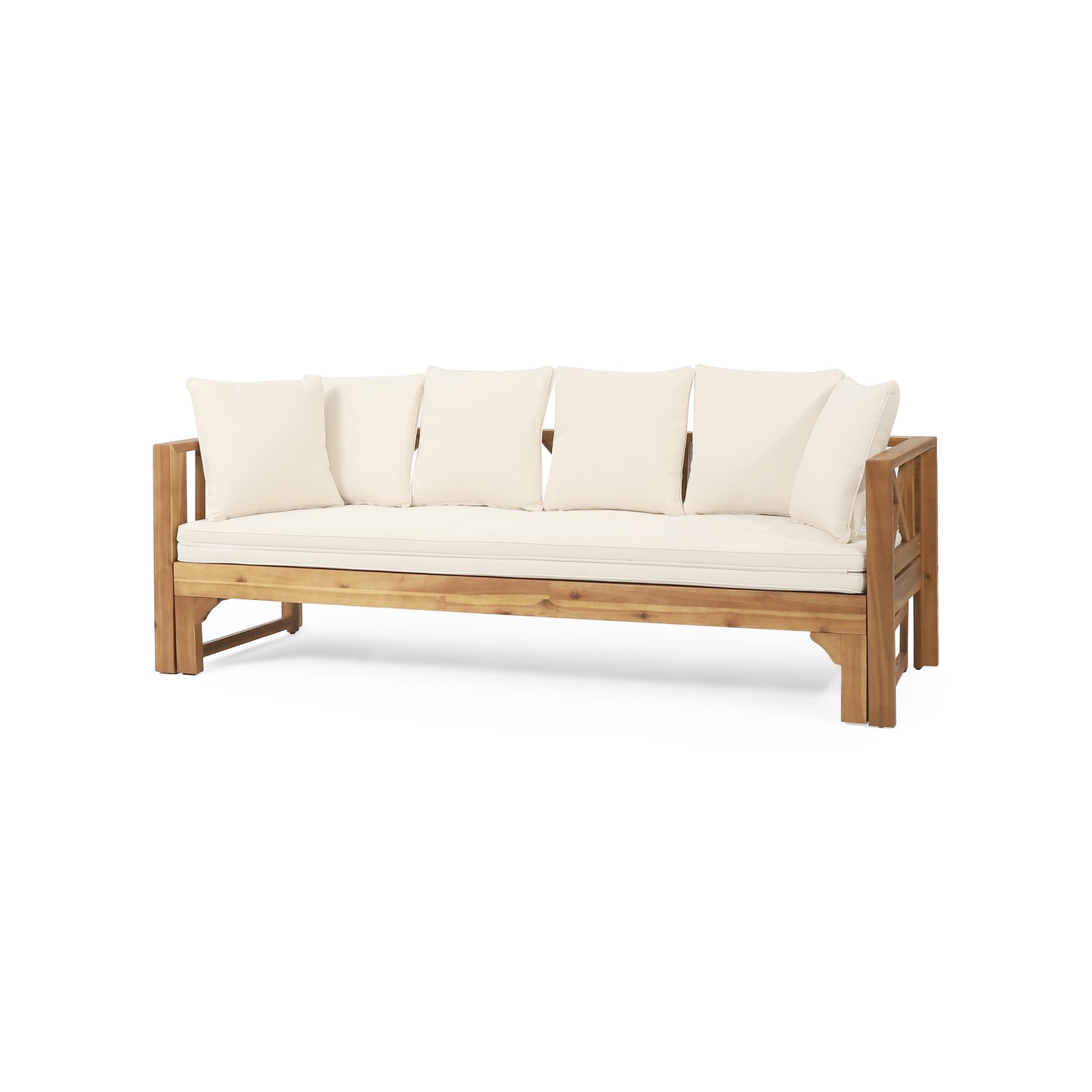 Outdoor Extendable Acacia Wood 3 Seater Sofa, Upholstered Cushion Couch, Daybed Sofa Chair, Spacious Seating Lounge Chair, Patio Daybed Sofa for Garden Yard image 6