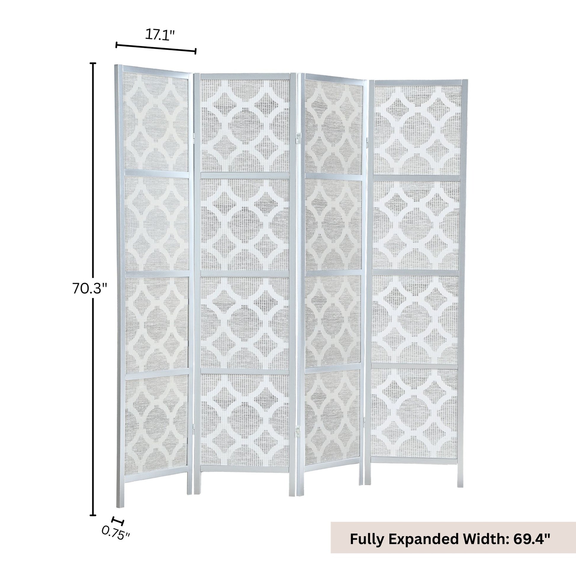 Quarterfoil infused Diamond Design 4-Panel Room Divider, Silver image 6