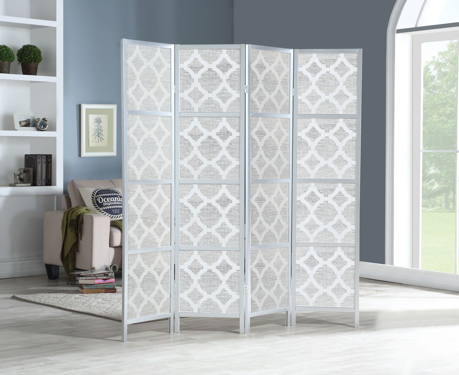 Quarterfoil infused Diamond Design 4-Panel Room Divider, Silver image 1