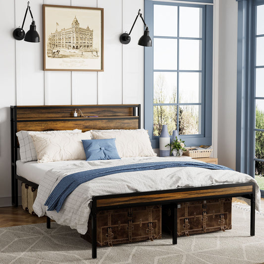 Queen Size Bed Frame, Storage Headboard with LED light, Charging Station, Solid and Stable, Noise Free, No Box Spring Ne image 1