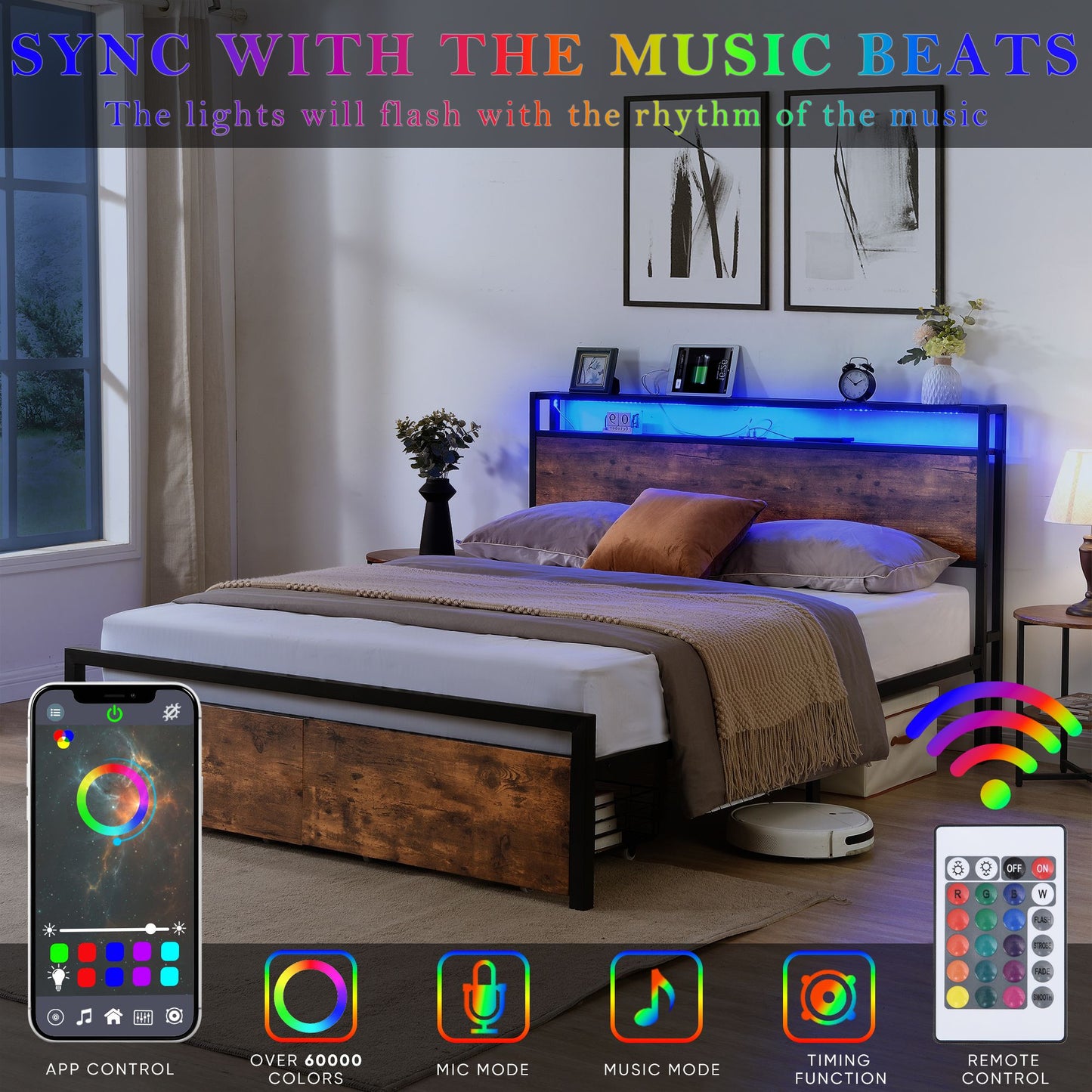 Queen Size Bed Frame with Storage Headboard and 2 Drawers, LED Lights Bed with Charging Station, Metal Platform Bed No N image 5