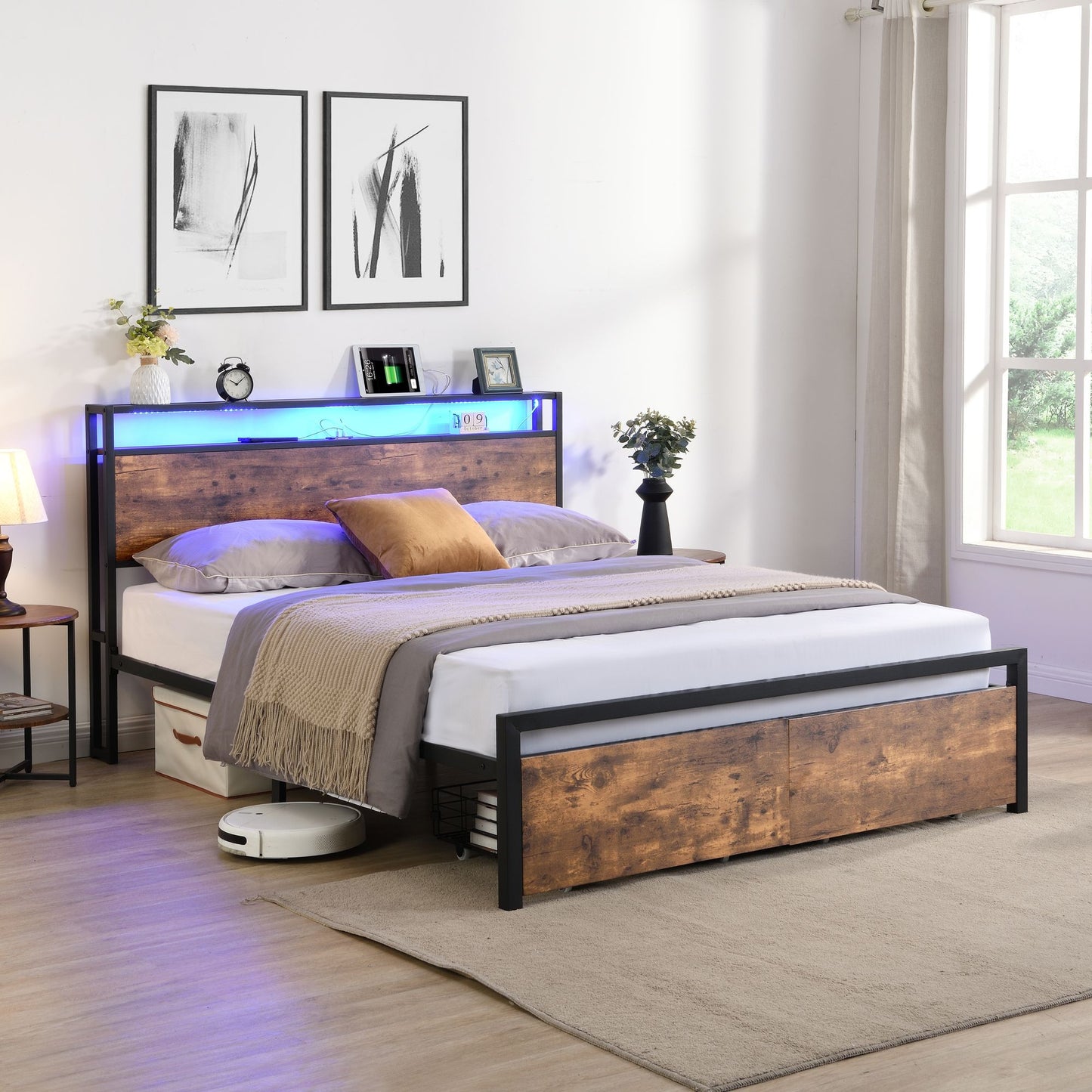 Queen Size Bed Frame with Storage Headboard and 2 Drawers, LED Lights Bed with Charging Station, Metal Platform Bed No N image 10