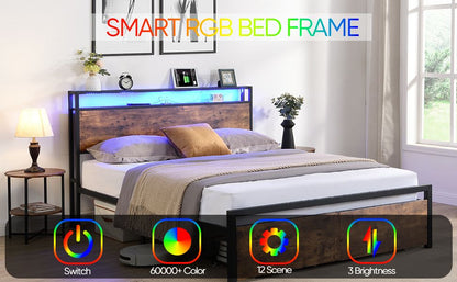Queen Size Bed Frame with Storage Headboard and 2 Drawers, LED Lights Bed with Charging Station, Metal Platform Bed No N image 17