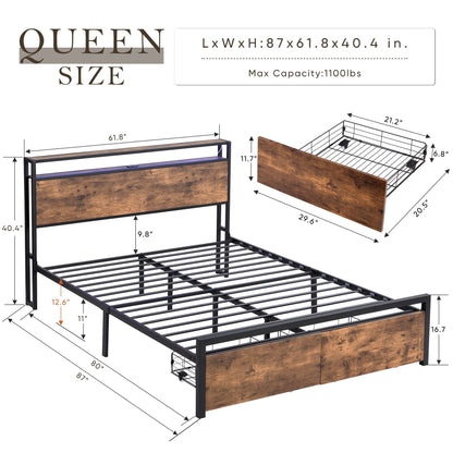 Queen Size Bed Frame with Storage Headboard and 2 Drawers, LED Lights Bed with Charging Station, Metal Platform Bed No N image 4