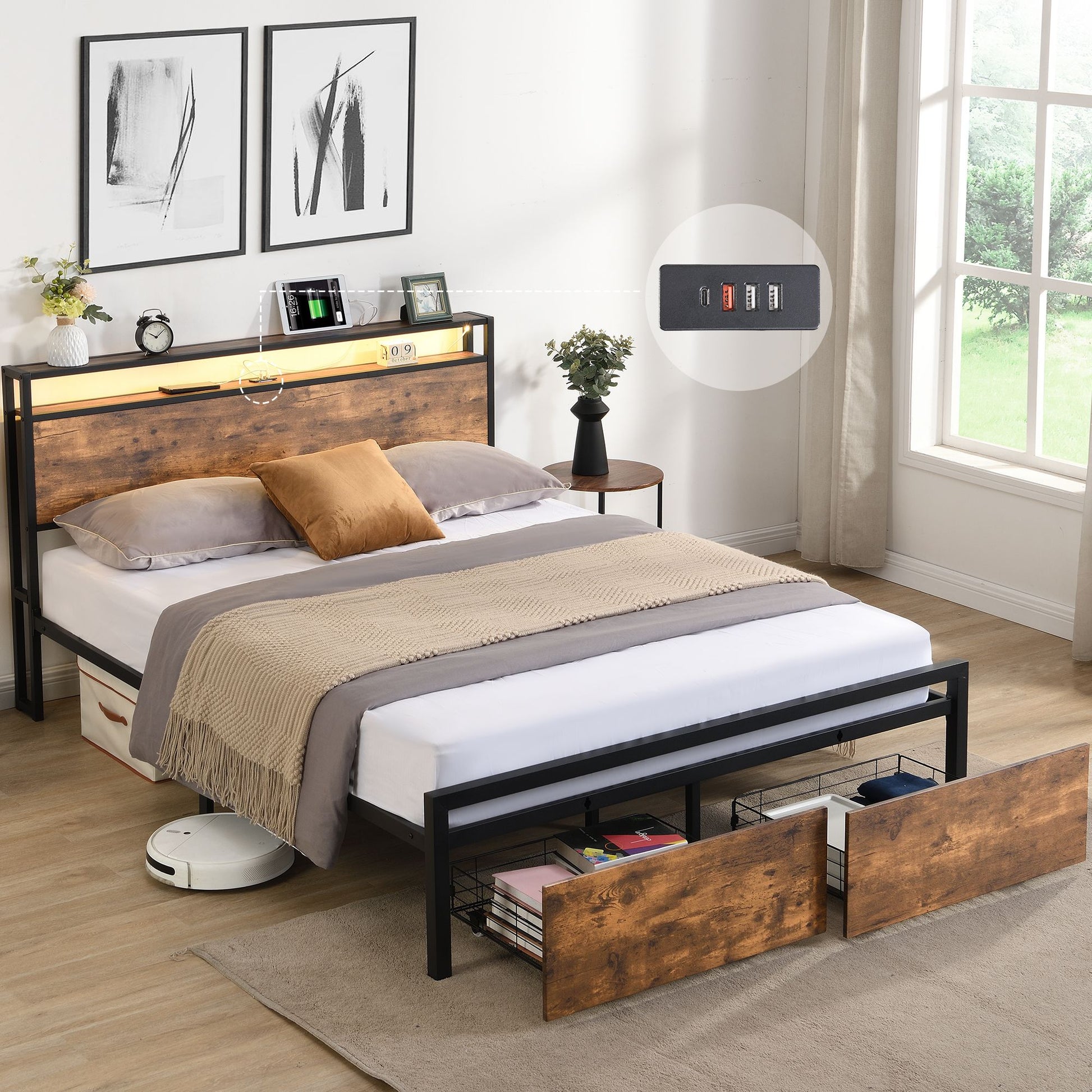 Queen Size Bed Frame with Storage Headboard and 2 Drawers, LED Lights Bed with Charging Station, Metal Platform Bed No N image 1