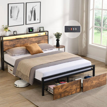 Queen Size Bed Frame with Storage Headboard and 2 Drawers, LED Lights Bed with Charging Station, Metal Platform Bed No N image 1