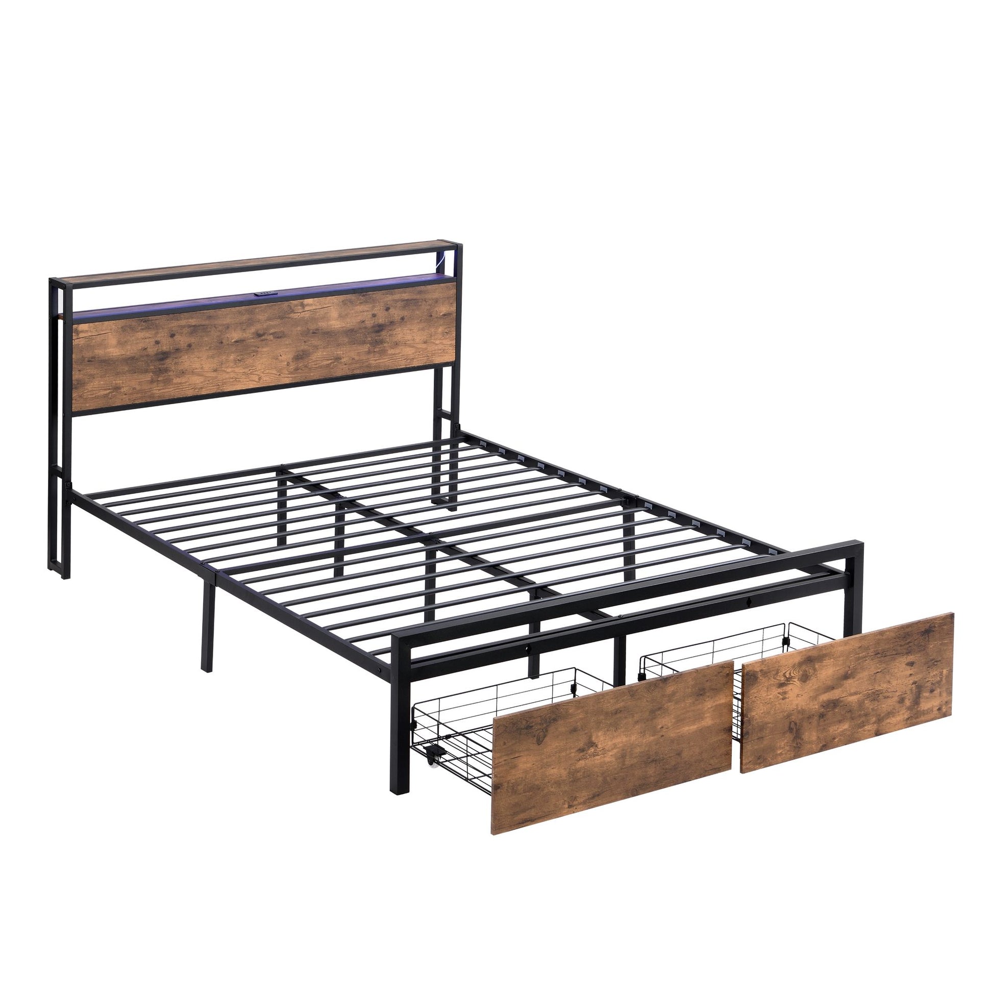 Queen Size Bed Frame with Storage Headboard and 2 Drawers, LED Lights Bed with Charging Station, Metal Platform Bed No N image 13