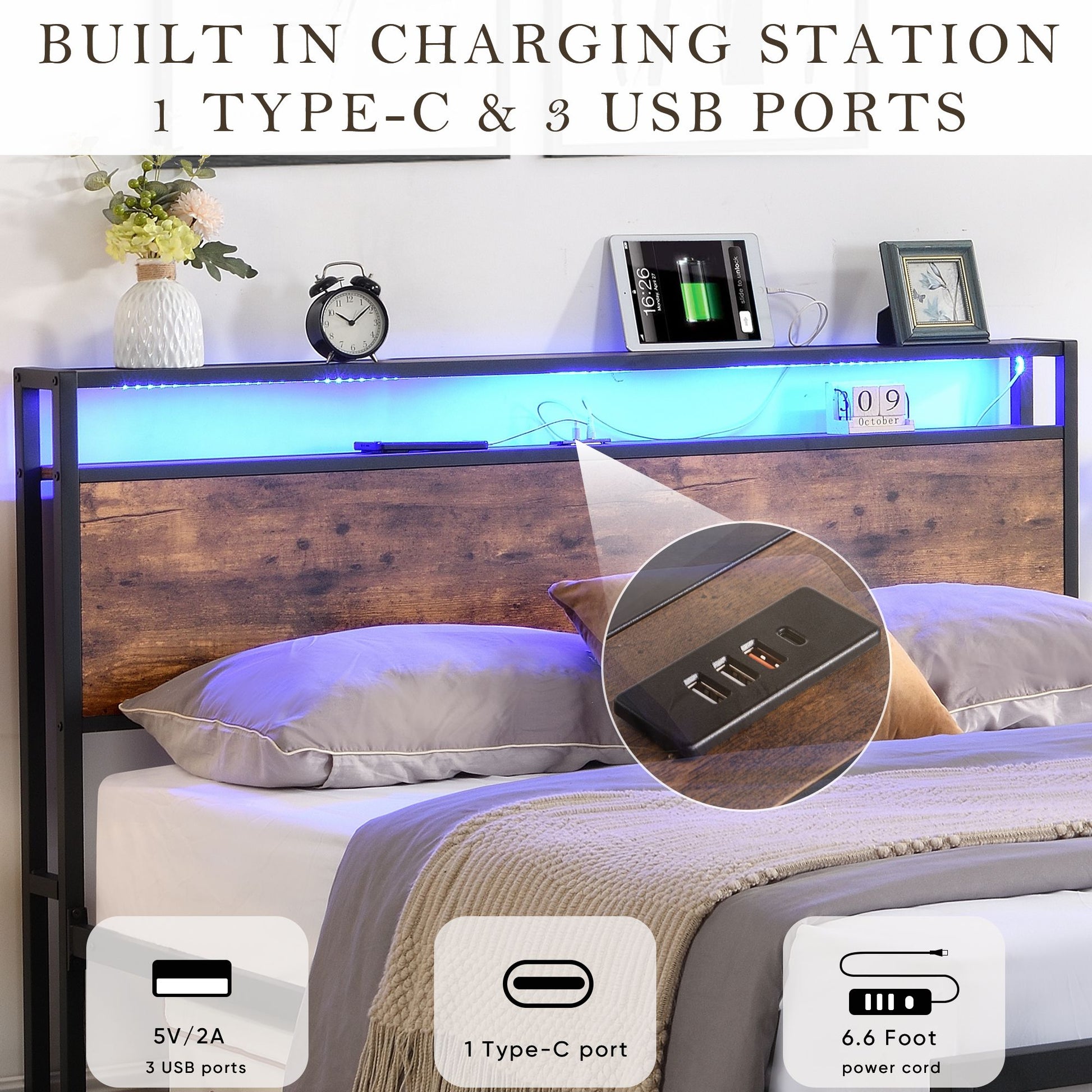 Queen Size Bed Frame with Storage Headboard and 2 Drawers, LED Lights Bed with Charging Station, Metal Platform Bed No N image 6