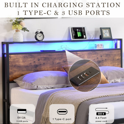Queen Size Bed Frame with Storage Headboard and 2 Drawers, LED Lights Bed with Charging Station, Metal Platform Bed No N image 6