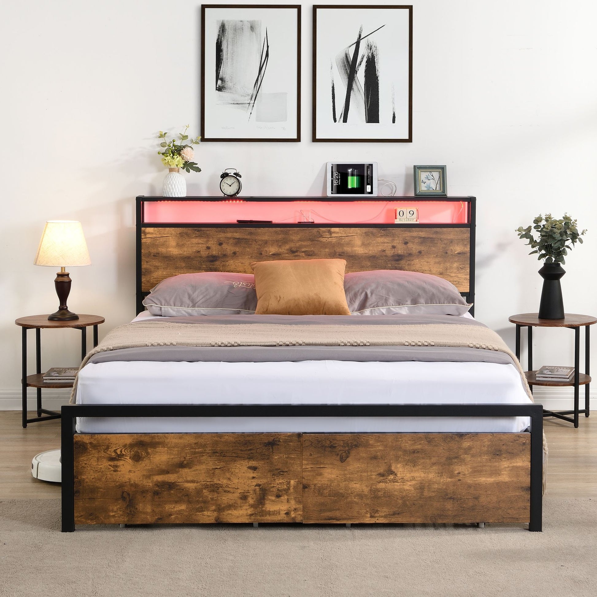 Queen Size Bed Frame with Storage Headboard and 2 Drawers, LED Lights Bed with Charging Station, Metal Platform Bed No N image 3